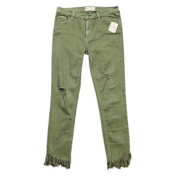 Free People Women Great Heights Fray Fringe Stretchy Cropped Ivy Green Jeans 26 - Picture 3 of 10